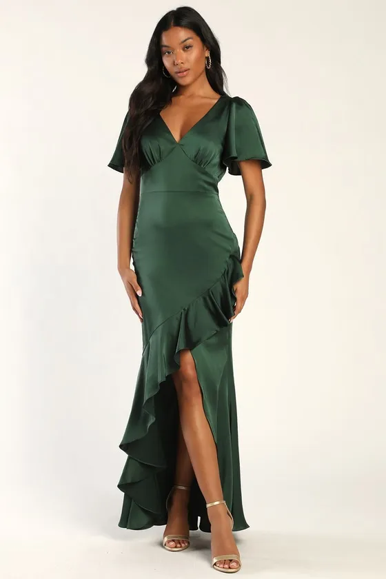 Eternal Bond Emerald Satin Ruffled Flutter Sleeve Maxi Dress sold by Lulus