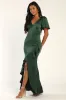 Eternal Bond Emerald Satin Ruffled Flutter Sleeve Maxi Dress sold by Lulus