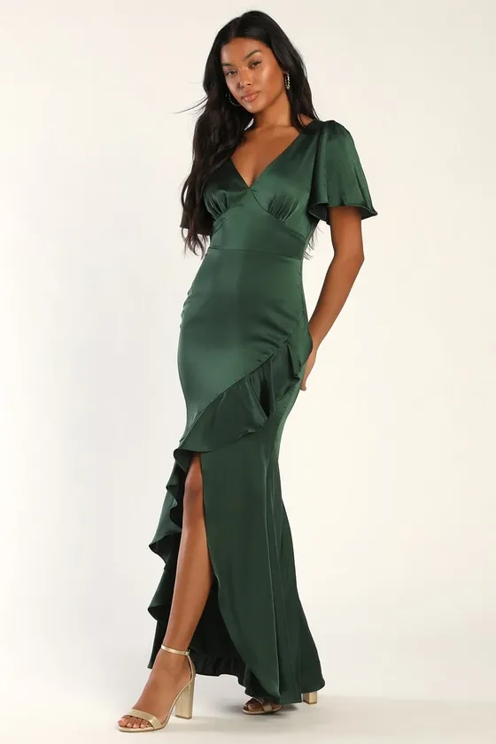 Eternal Bond Emerald Satin Ruffled Flutter Sleeve Maxi Dress sold by Lulus product image thumbnail 2