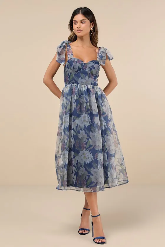 Exceptionally Marvelous Blue Floral Organza Bustier Midi Dress sold by Lulus