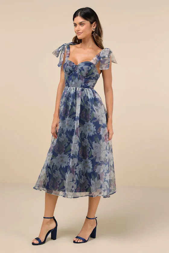 Exceptionally Marvelous Blue Floral Organza Bustier Midi Dress sold by Lulus product image thumbnail 4
