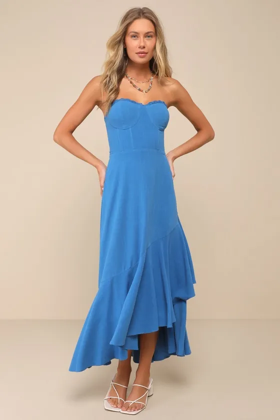 Gorgeous Event Bright Blue Linen Strapless Ruffled Midi Dress sold by Lulus