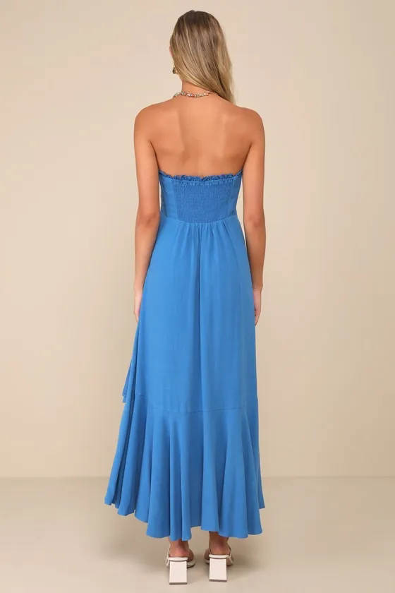 Gorgeous Event Bright Blue Linen Strapless Ruffled Midi Dress sold by Lulus product image thumbnail 2