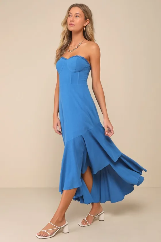 Gorgeous Event Bright Blue Linen Strapless Ruffled Midi Dress sold by Lulus product image thumbnail 4