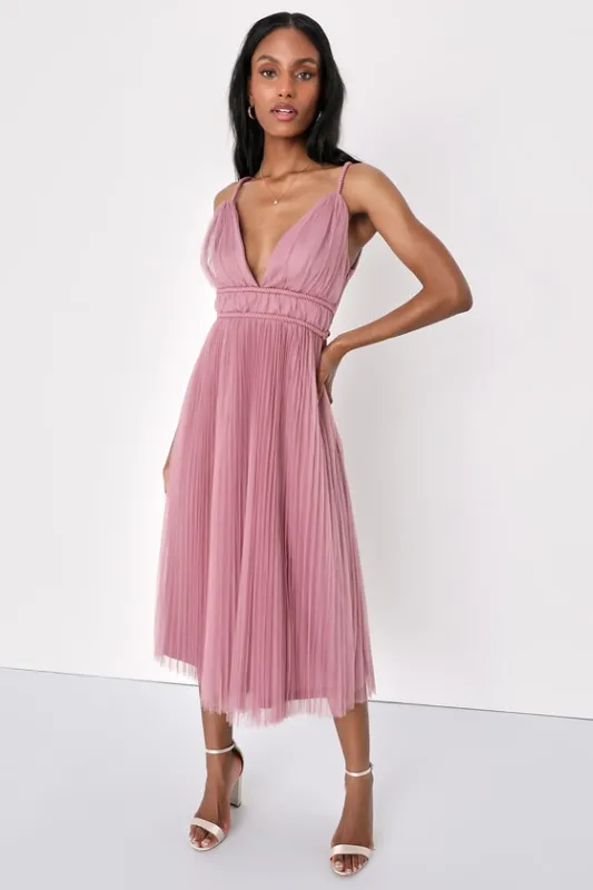 Sweet Goddess Mauve Mesh Pleated Sleeveless Midi Dress sold by Lulus
