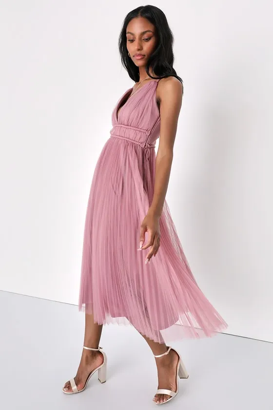 Sweet Goddess Mauve Mesh Pleated Sleeveless Midi Dress sold by Lulus product image thumbnail 3