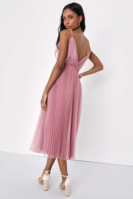 Sweet Goddess Mauve Mesh Pleated Sleeveless Midi Dress sold by Lulus product image thumbnail 4