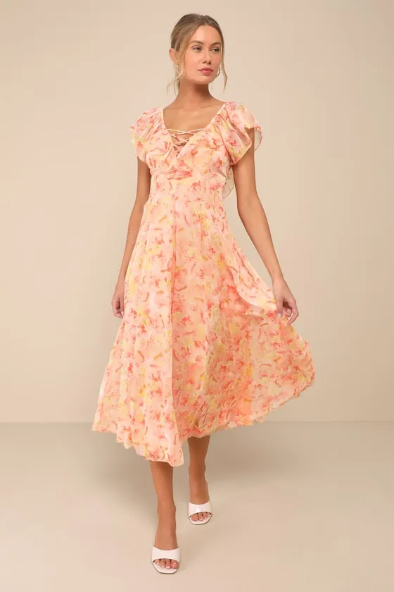 Pristine Darling Peach Floral Ruffled Lace-Up Midi Dress sold by Lulus