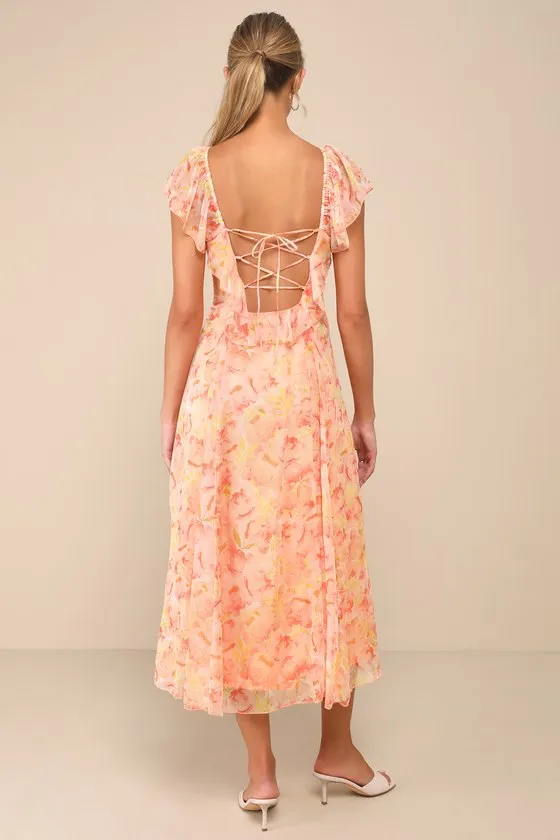 Pristine Darling Peach Floral Ruffled Lace-Up Midi Dress sold by Lulus product image thumbnail 2