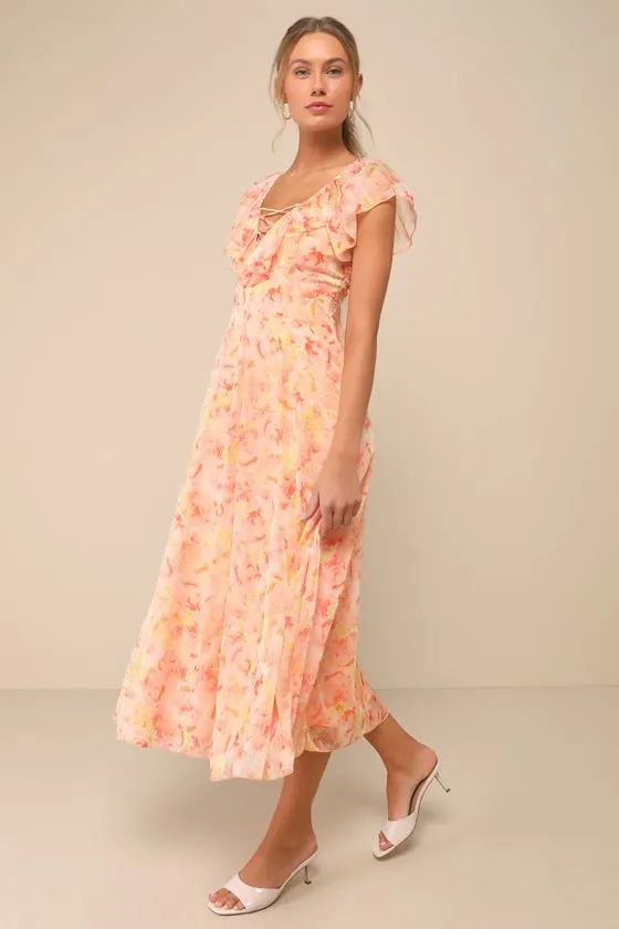 Pristine Darling Peach Floral Ruffled Lace-Up Midi Dress sold by Lulus product image thumbnail 4