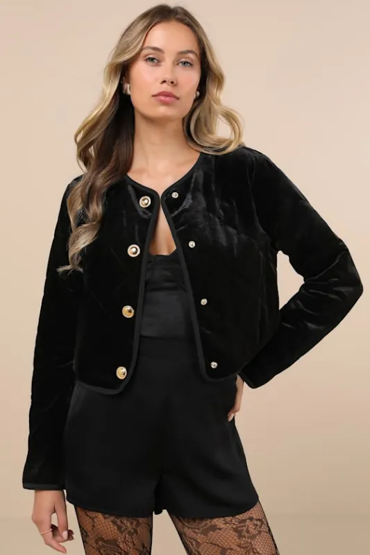 Poised Season Black Velvet Quilted Cropped Jacket sold by Lulus