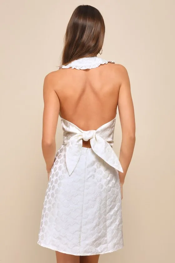 Posh Confidence Ivory Jacquard Collared Tie-Back Mini Dress sold by Lulus product image thumbnail 2