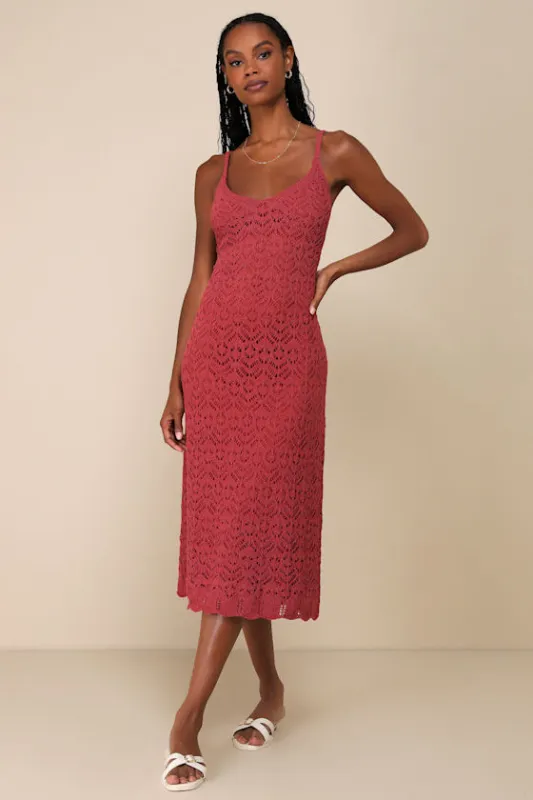Sunset Vibes Rust Red Crochet Sleeveless Midi Dress sold by Lulus