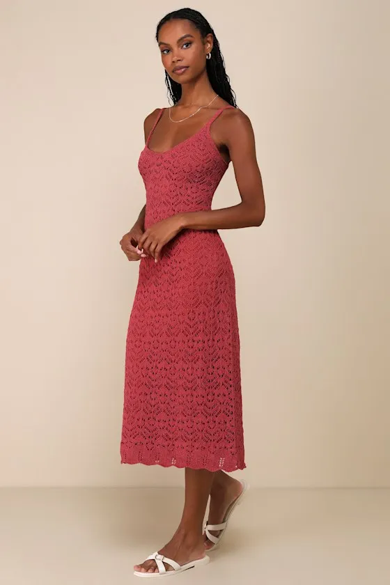 Sunset Vibes Rust Red Crochet Sleeveless Midi Dress sold by Lulus product image thumbnail 3