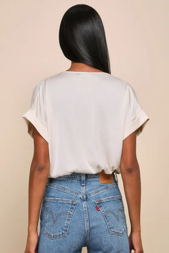 Posh Precision Champagne Satin Surplice Short Sleeve Bodysuit sold by Lulus product image thumbnail 3