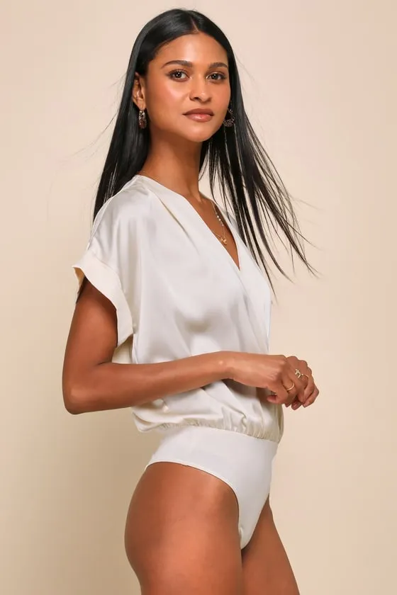 Posh Precision Champagne Satin Surplice Short Sleeve Bodysuit sold by Lulus product image thumbnail 4