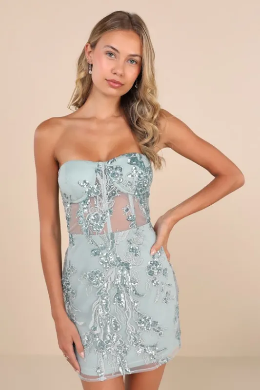 Unreal Date Sage Green Sequin Embroidered Strapless Mini Dress sold by Lulus