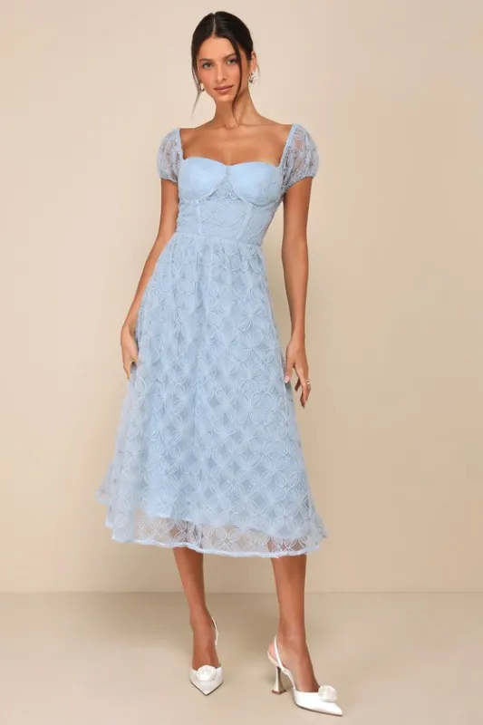 Exceedingly Elegant Blue Floral Applique Bustier Midi Dress sold by Lulus