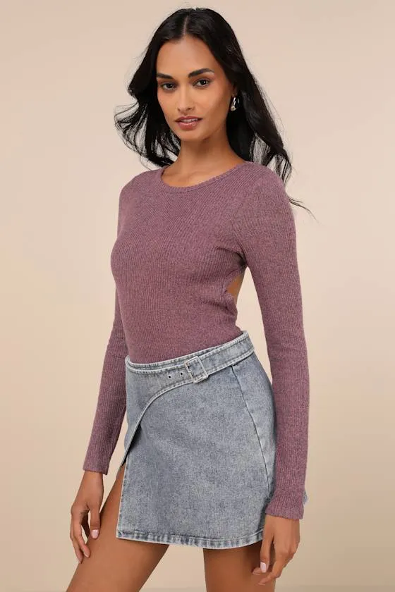 Everyday Babe Heather Purple Ribbed Long Sleeve Cutout Bodysuit sold by Lulus