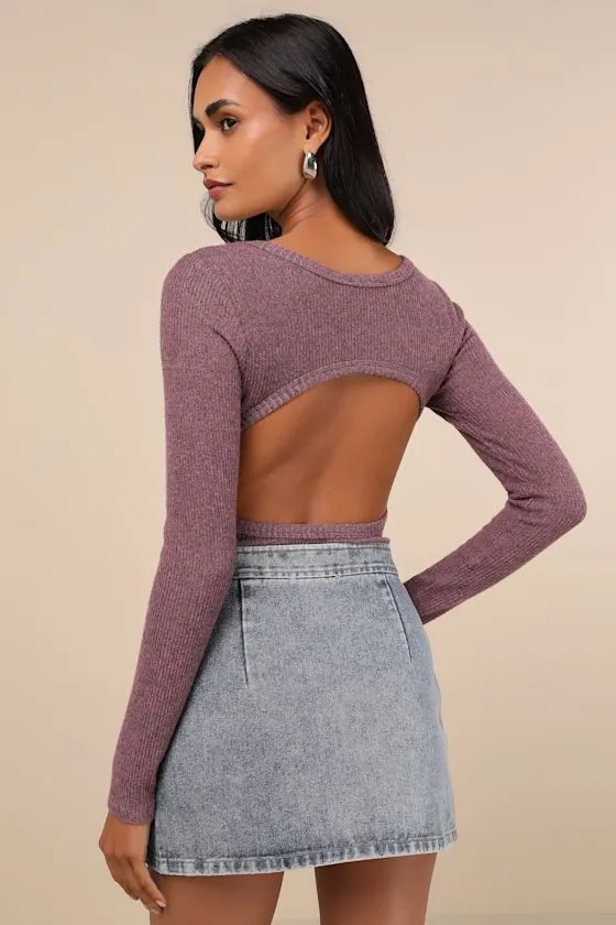 Everyday Babe Heather Purple Ribbed Long Sleeve Cutout Bodysuit sold by Lulus product image thumbnail 2