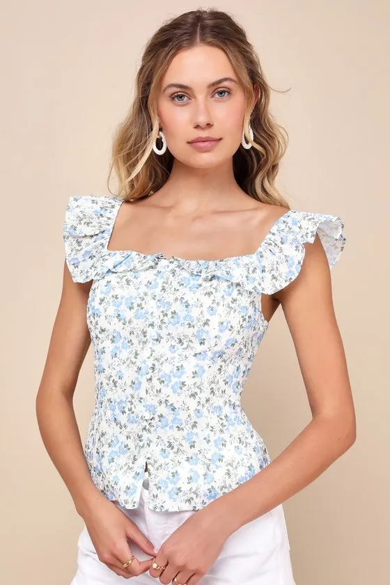 Daytime Crush Ivory Floral Off-the-Shoulder Button-Front Top sold by Lulus