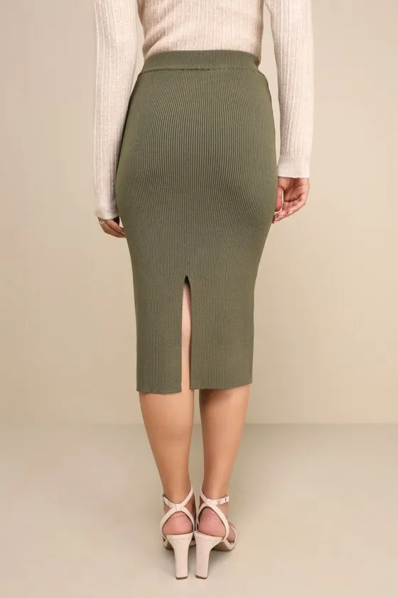 Seasonal Fave Olive Green Ribbed Knit Midi Sweater Skirt sold by Lulus product image thumbnail 3