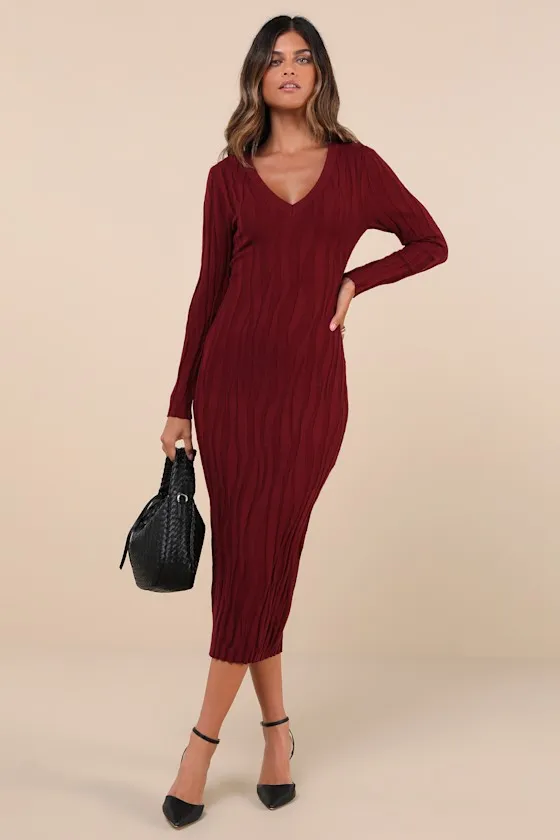 High Appeal Burgundy Textured V-Neck Midi Sweater Dress sold by Lulus
