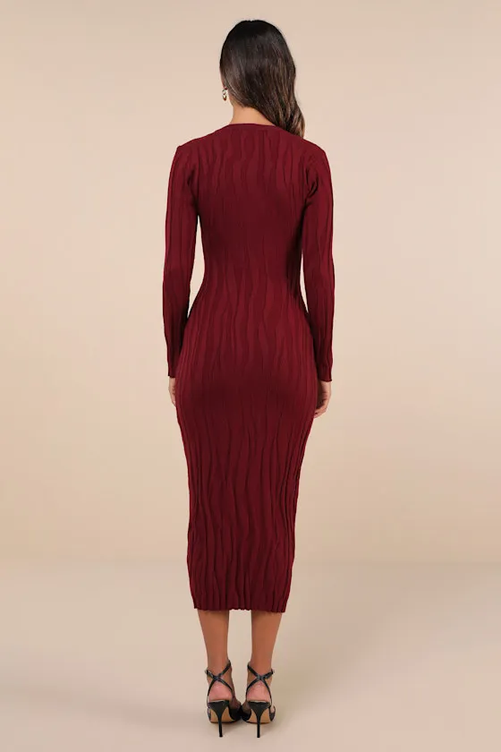 High Appeal Burgundy Textured V-Neck Midi Sweater Dress sold by Lulus product image thumbnail 3