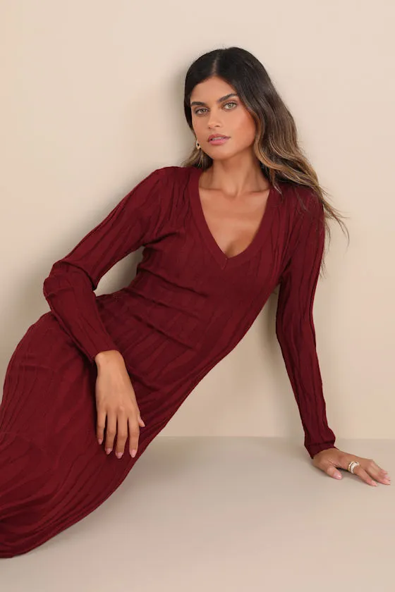 High Appeal Burgundy Textured V-Neck Midi Sweater Dress sold by Lulus product image thumbnail 4