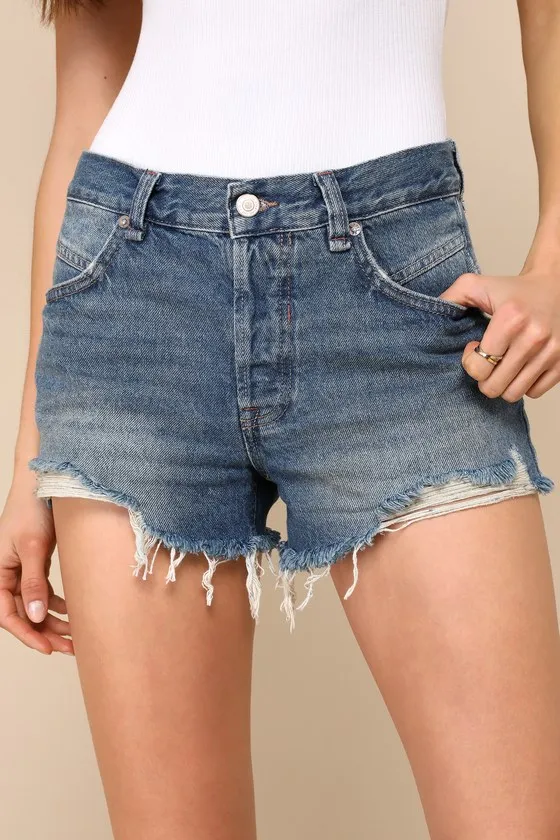 Now or Never Medium Wash High-Rise Distressed Denim Shorts sold by Lulus product image thumbnail 3