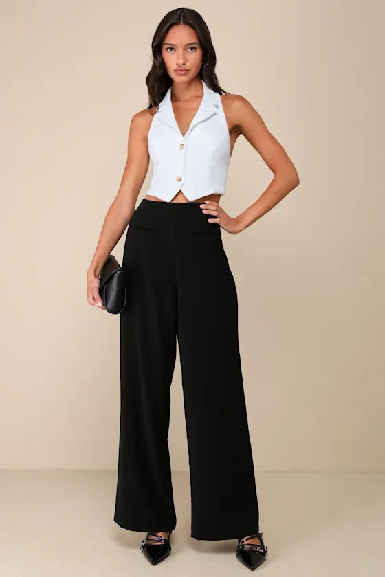 Essentially Posh Black Twill High-Rise Wide-Leg Trouser Pants sold by Lulus