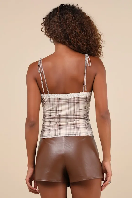 Sweetest Attitude Cream and Brown Plaid Mesh Tie-Strap Cami Top sold by Lulus product image thumbnail 2