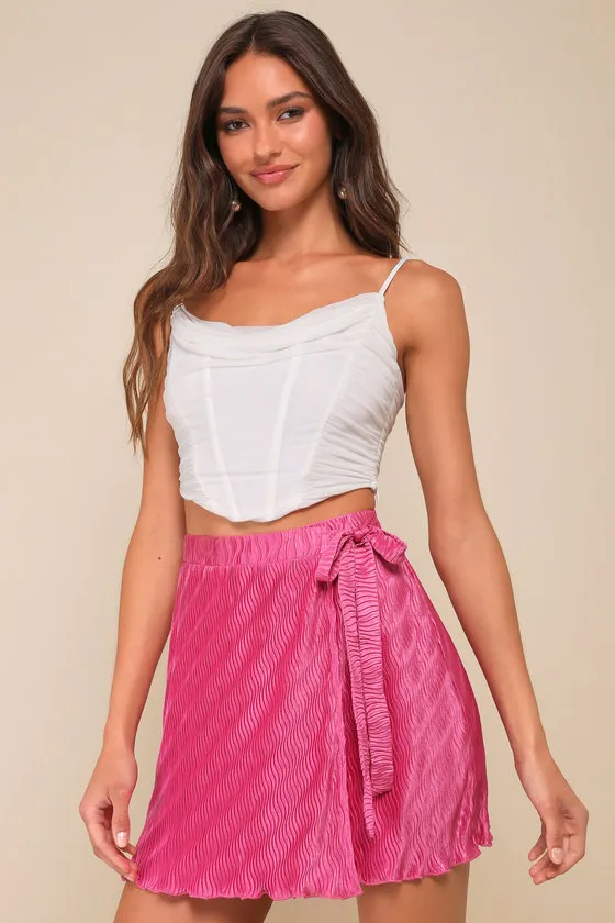 Cute Praise Hot Pink Plisse Satin Faux-Wrap Mini Skort sold by Lulus