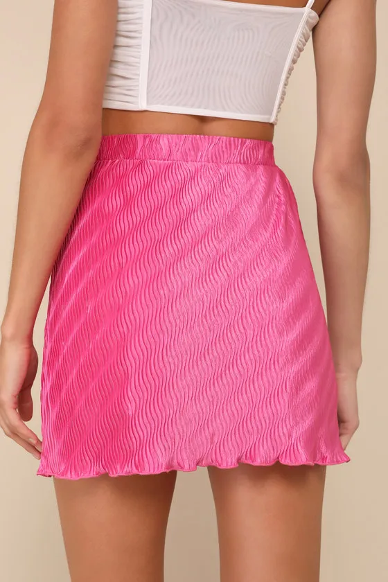 Cute Praise Hot Pink Plisse Satin Faux-Wrap Mini Skort sold by Lulus product image thumbnail 3