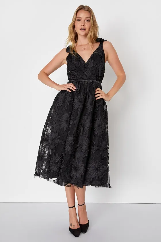 Definition of Drama Black Floral Applique Tie-Strap Midi Dress sold by Lulus
