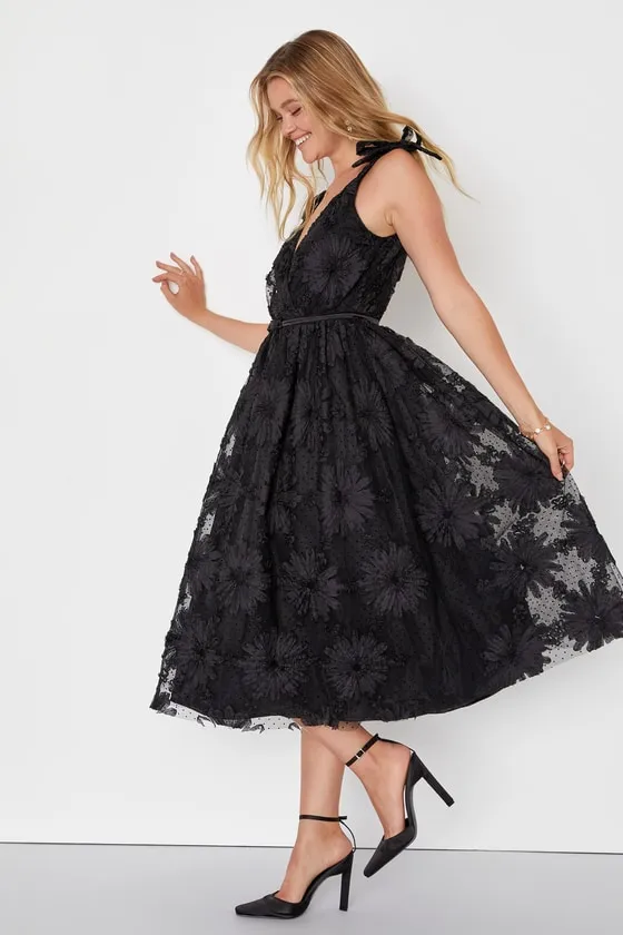 Definition of Drama Black Floral Applique Tie-Strap Midi Dress sold by Lulus product image thumbnail 3