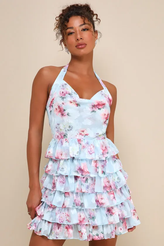 Trending Adorable Light Blue Floral Tiered Halter Mini Dress sold by Lulus