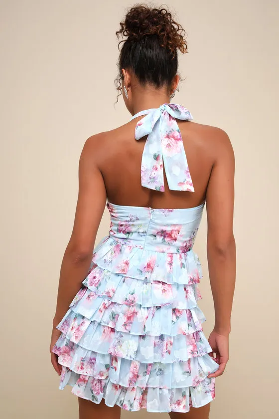 Trending Adorable Light Blue Floral Tiered Halter Mini Dress sold by Lulus product image thumbnail 2