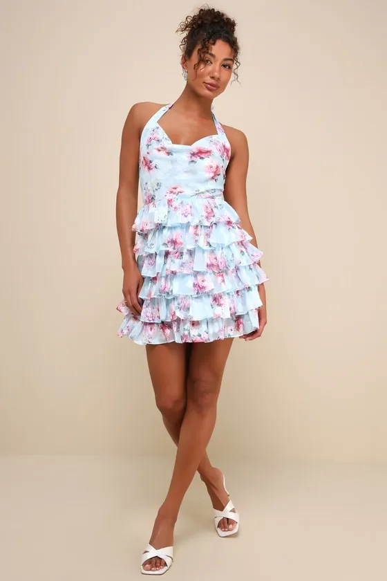 Trending Adorable Light Blue Floral Tiered Halter Mini Dress sold by Lulus product image thumbnail 3