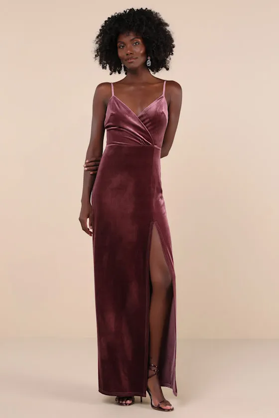 Graceful Glamour Dusty Purple Velvet Surplice Maxi Dress sold by Lulus