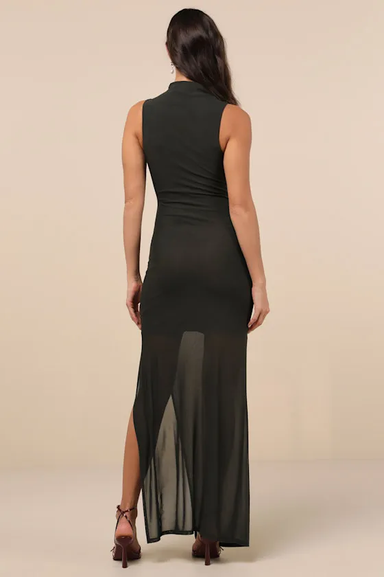Renowned Glamour Olive Green Mesh Mock Neck Maxi Dress sold by Lulus product image thumbnail 2