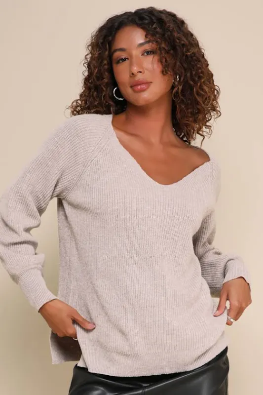 Cuddly Classic Heather Taupe Ribbed Knit Balloon Sleeve Sweater sold by Lulus