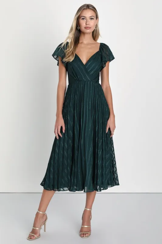 Standout Sophistication Emerald Lurex Flutter Sleeve Midi Dress sold by Lulus
