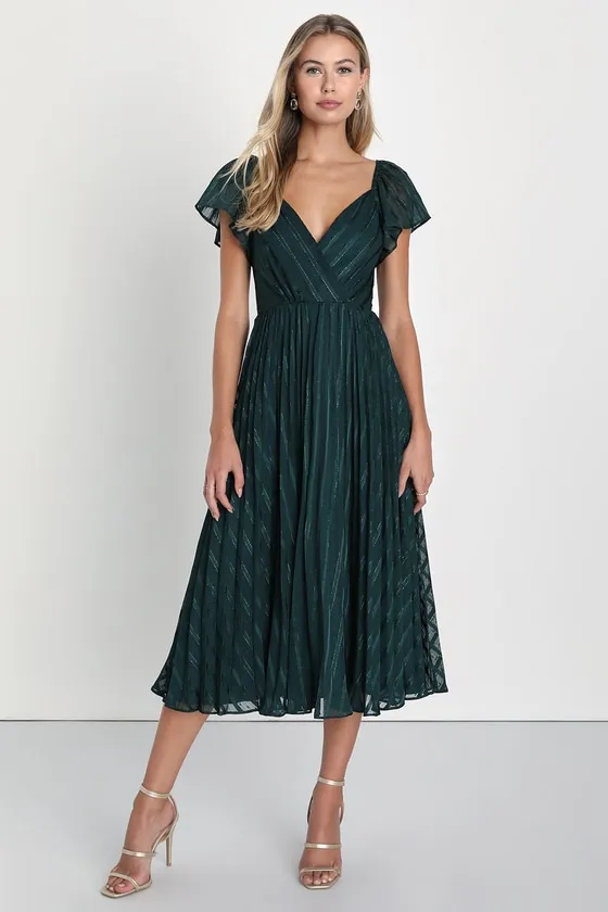 Standout Sophistication Emerald Lurex Flutter Sleeve Midi Dress sold by Lulus