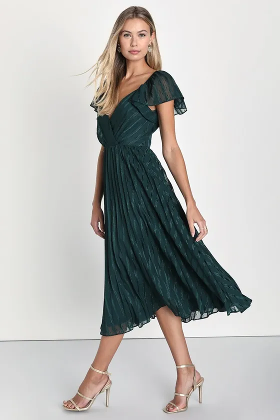 Standout Sophistication Emerald Lurex Flutter Sleeve Midi Dress sold by Lulus product image thumbnail 2
