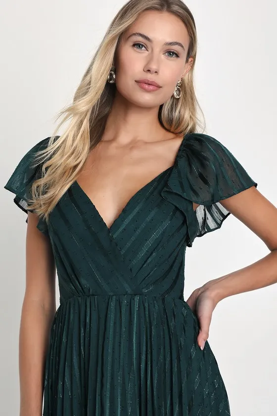 Standout Sophistication Emerald Lurex Flutter Sleeve Midi Dress sold by Lulus product image thumbnail 3