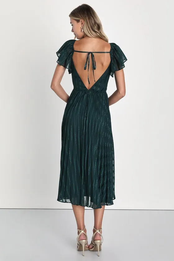 Standout Sophistication Emerald Lurex Flutter Sleeve Midi Dress sold by Lulus product image thumbnail 4