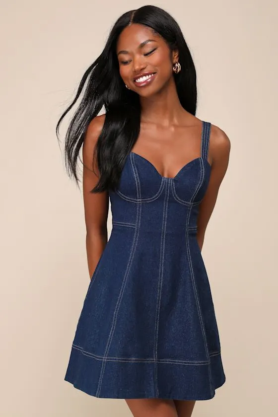Cheerful Effect Dark Wash Denim Mini Dress sold by Lulus