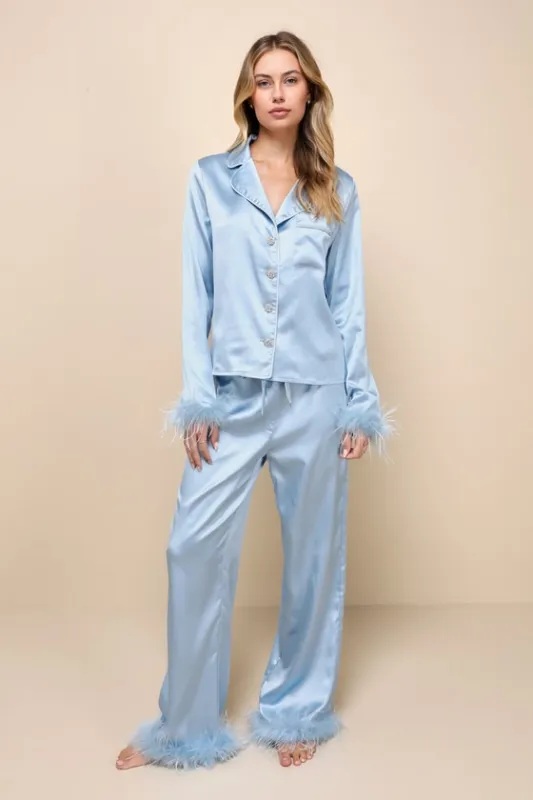 Dreamiest Delight Light Blue Satin Feather Two-Piece Pajama Set sold by Lulus