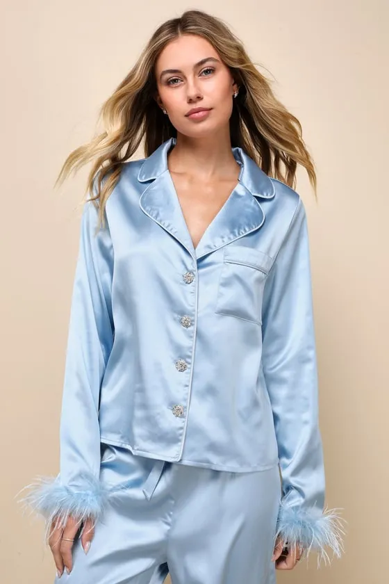 Dreamiest Delight Light Blue Satin Feather Two-Piece Pajama Set sold by Lulus product image thumbnail 2